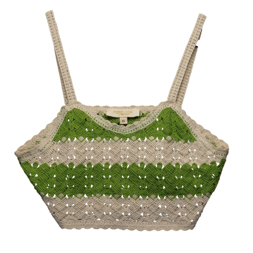 Rebellion Crochet Crop Top Green Cream‎ Striped Lace NWOT Boho Fesival  Beach XS